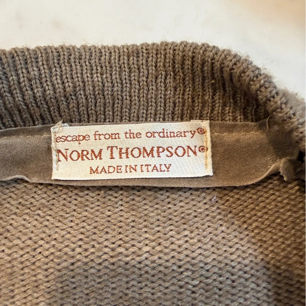 Norm Thompson Tan Suede Trim Wool Cable Knit Grandpa Cardigan Vintage Size L
